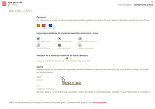 s

33

www.gencat.net
guia d’estil

recursos gràfics | complements gràfics

recursos gràfics
Cercadors
Els botons per a iniciar les cerques estan personalitzats gràficament pel color amb l’objectiu de diferenciar el cercador utilitzat.

Yahoo Google
Icones representatives de programes associats a documents i arxius

Microsoft Word

Microsoft Excel

Microsoft PowerPoint

Adobe Acrobat

contingut web

altres documents

Recursos per a destacar incidències en textos o enllaços
Indica la rellevància d'un enllaç Puntualitza i marca un text
Idioma
Representades de forma textual, aquestes icones fan referència a aquells documents en els quals el seu contingut es facilita
en un altre idioma.
Català

Espanyol (castellà)
Quan se situa el cursor sobre una d’aquestes icones, es mostra una etiqueta flotant (tooltip) per a complementar la informació.

!

Els arxius especificats en aquest subapartat ('recursos gràfics | complements gràfics') són descarregables.

 
