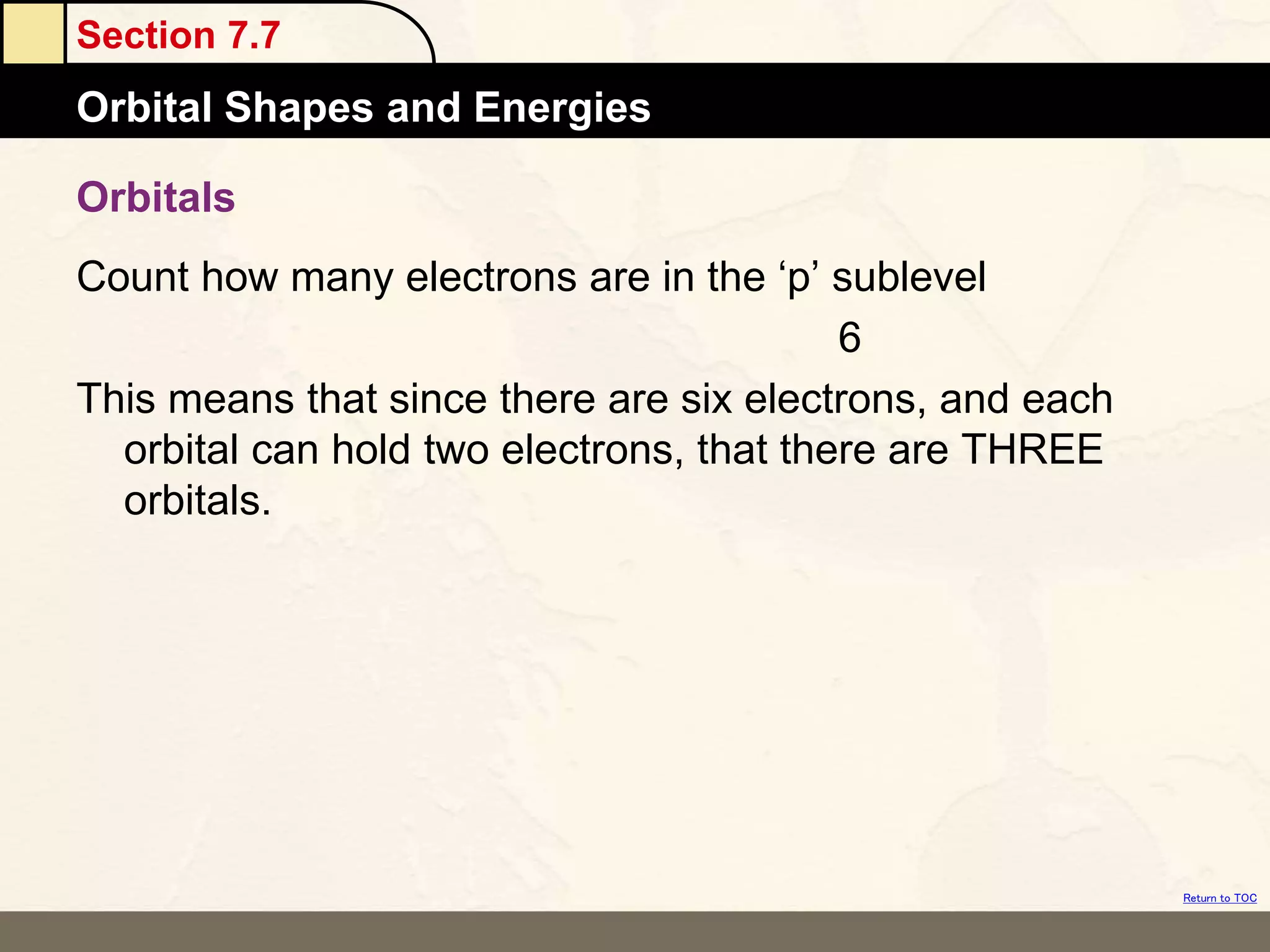 Section 7.7
Orbital Shapes and Energies
Return to TOC
Orbitals
Count how many electrons are in the ‘p’ sublevel
6
This means that since there are six electrons, and each
orbital can hold two electrons, that there are THREE
orbitals.
 