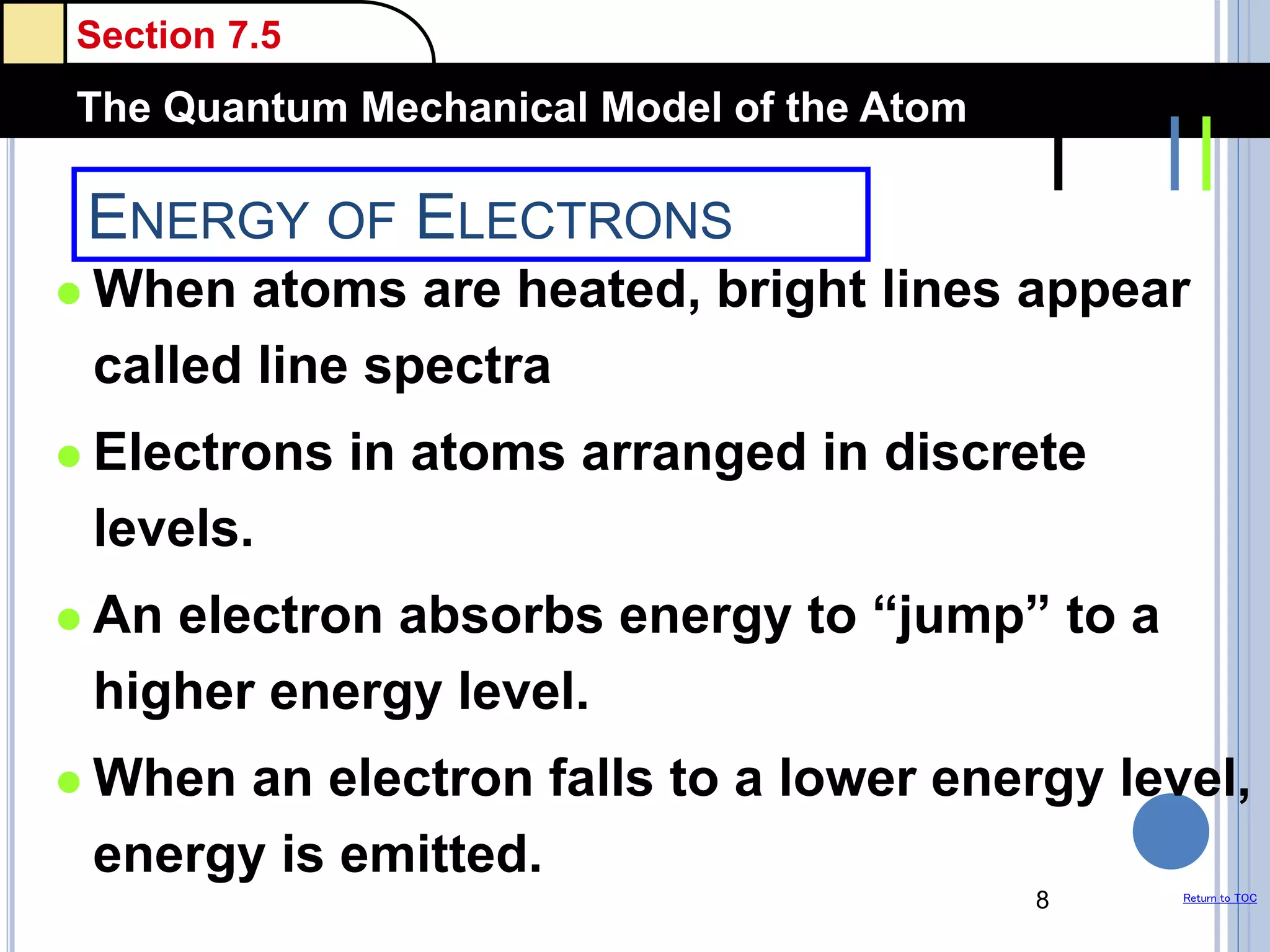 Section 7.5
The Quantum Mechanical Model of the Atom
Return to TOC
ENERGY OF ELECTRONS
 When atoms are heated, bright lines appear
called line spectra
 Electrons in atoms arranged in discrete
levels.
 An electron absorbs energy to “jump” to a
higher energy level.
 When an electron falls to a lower energy level,
energy is emitted.
8
 