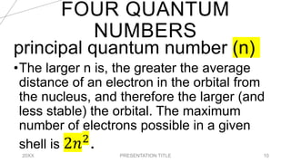 FOUR QUANTUM
NUMBERS
20XX PRESENTATION TITLE 10
principal quantum number (n)
•The larger n is, the greater the average
distance of an electron in the orbital from
the nucleus, and therefore the larger (and
less stable) the orbital. The maximum
number of electrons possible in a given
shell is 2𝑛2
.
 