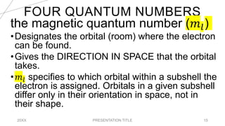 FOUR QUANTUM NUMBERS
20XX PRESENTATION TITLE 15
the magnetic quantum number (𝑚𝑙)
•Designates the orbital (room) where the electron
can be found.
•Gives the DIRECTION IN SPACE that the orbital
takes.
•𝑚𝑙 specifies to which orbital within a subshell the
electron is assigned. Orbitals in a given subshell
differ only in their orientation in space, not in
their shape.
 