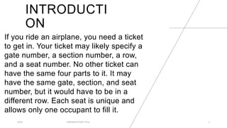 INTRODUCTI
ON
If you ride an airplane, you need a ticket
to get in. Your ticket may likely specify a
gate number, a section number, a row,
and a seat number. No other ticket can
have the same four parts to it. It may
have the same gate, section, and seat
number, but it would have to be in a
different row. Each seat is unique and
allows only one occupant to fill it.
20XX PRESENTATION TITLE 3
 