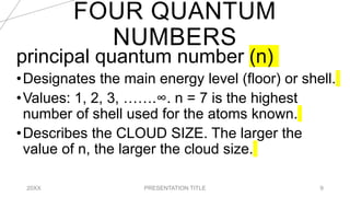 FOUR QUANTUM
NUMBERS
20XX PRESENTATION TITLE 9
principal quantum number (n)
•Designates the main energy level (floor) or shell.
•Values: 1, 2, 3, …….∞. n = 7 is the highest
number of shell used for the atoms known.
•Describes the CLOUD SIZE. The larger the
value of n, the larger the cloud size.
 