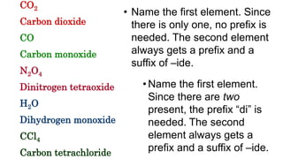 CO2
Carbon dioxide
CO
Carbon monoxide
N2O4
Dinitrogen tetraoxide
H2O
Dihydrogen monoxide
CCl4
Carbon tetrachloride
• Name the first element. Since
there is only one, no prefix is
needed. The second element
always gets a prefix and a
suffix of –ide.
• Name the first element.
Since there are two
present, the prefix “di” is
needed. The second
element always gets a
prefix and a suffix of –ide.
 