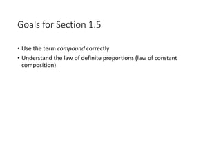 Goals for Section 1.5
• Use the term compound correctly
• Understand the law of definite proportions (law of constant
composition)
 