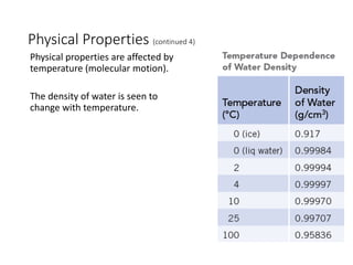 Physical Properties (continued 4)
Physical properties are affected by
temperature (molecular motion).
The density of water is seen to
change with temperature.
 
