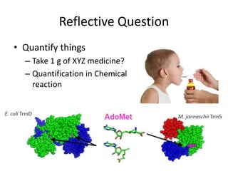 Reflective Question
• Quantify things
– Take 1 g of XYZ medicine?
– Quantification in Chemical
reaction
 
