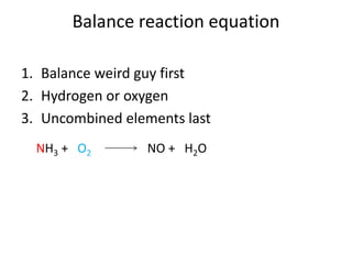 Balance reaction equation
1. Balance weird guy first
2. Hydrogen or oxygen
3. Uncombined elements last
NH3 + O2 NO + H2O
 