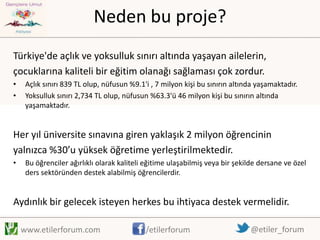 Neden bu proje?
Türkiye'de açlık ve yoksulluk sınırı altında yaşayan ailelerin,
çocuklarına kaliteli bir eğitim olanağı sağlaması çok zordur.
•
•

Açlık sınırı 839 TL olup, nüfusun %9.1'i , 7 milyon kişi bu sınırın altında yaşamaktadır.
Yoksulluk sınırı 2,734 TL olup, nüfusun %63.3'ü 46 milyon kişi bu sınırın altında
yaşamaktadır.

Her yıl üniversite sınavına giren yaklaşık 2 milyon öğrencinin
yalnızca %30’u yüksek öğretime yerleştirilmektedir.
•

Bu öğrenciler ağırlıklı olarak kaliteli eğitime ulaşabilmiş veya bir şekilde dersane ve özel
ders sektöründen destek alabilmiş öğrencilerdir.

Aydınlık bir gelecek isteyen herkes bu ihtiyaca destek vermelidir.
www.etilerforum.com

/etilerforum

@etiler_forum

 