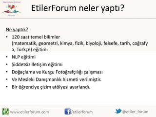 EtilerForum neler yaptı?
Ne yaptık?
• 120 saat temel bilimler
(matematik, geometri, kimya, fizik, biyoloji, felsefe, tarih, coğrafy
a, Türkçe) eğitimi
• NLP eğitimi
• Şiddetsiz İletişim eğitimi
• Doğaçlama ve Kurgu Fotoğrafçılığı çalışması
• Ve Mesleki Danışmanlık hizmeti verilmiştir.
• Bir öğrenciye çizim atölyesi ayarlandı.

www.etilerforum.com

/etilerforum

@etiler_forum

 