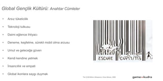 Global Gençlik Kültürü: Anahtar Cümleler
• Arsız tüketicilik
• Teknoloji tutkusu
• Daimi eğlence ihtiyacı
• Deneme, keşfetme, sürekli mobil olma arzusu
• Umut ve geleceğe güven
• Kendi kendine yetmek
• İnsancıllık ve empati
• Global ikonlara saygı duymak
The $100 Billion Allowance, Elissa Moses, 2000
 