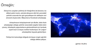 Dünya'nın uzaydan çekilmiş bir fotoğrafına da benzese, bu
dikkat çekici resim, aslında dünyanın dört bir yanındaki
şehirler arasında her gün gerçekleşen bir etkileşim veri
alınarak oluşturuldu: Milyonlarca Facebook arkadaşlığı.
Anlaşılmasını kolaylaştırmak için Butler, daha fazla
arkadaşlığın olduğu şehirler arasındaki çizgileri daha kalın
çizmiş. Arkadaşlık yoğunluklarını gösterebilmek için haritada
siyah-mavi ve beyaz renkleri kullanılıyor. En 'yoğun'
arkadaşlıklar beyazla gösteriliyor.
Türkiye'nin bulunduğu bölgede de beyaz rengin ağırlıklı
olduğu dikkat çekiyor.
Örneğin;
 