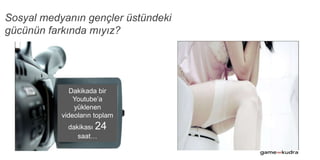 Dakikada bir
Youtube’a
yüklenen
videoların toplam
dakikası 24
saat…
Sosyal medyanın gençler üstündeki
gücünün farkında mıyız?
18-34 yaş arasındaki kadınlar, uyanır
uyanmaz, tuvalete gitmeden önce,
Facebook’larını kontrol ediyor.
http://brandinfiltration.com/wtf
 