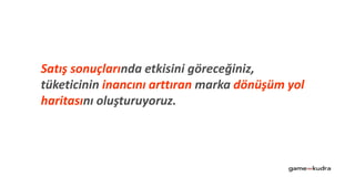 Satış sonuçlarında etkisini göreceğiniz,
tüketicinin inancını arttıran marka dönüşüm yol
haritasını oluşturuyoruz.
 