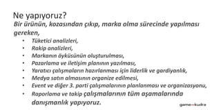 Bir ürünün, kozasından çıkıp, marka olma sürecinde yapılması
gereken,
• Tüketici analizleri,
• Rakip analizleri,
• Markanın öyküsünün oluşturulması,
• Pazarlama ve iletişim planının yazılması,
• Yaratıcı çalışmaların hazırlanması için liderlik ve gardiyanlık,
• Medya satın almasının organize edilmesi,
• Event ve diğer 3. parti çalışmalarının planlanması ve organizasyonu,
• Raporlama ve takip çalışmalarının tüm aşamalarında
danışmanlık yapıyoruz.
Ne yapıyoruz?
 