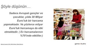 Market Analyst CACI 2000, Mintel, Walls Monitor
Sadece Avrupalı gençler ve
çocuklar, yılda 30 Milyar
Euro’luk bir harcama
yapmaktadır. Ve yüzlerce milyar
Euro’luk harcamaya da etki
etmektedir. ( Ev harcamalarının
%70’inde etkililer.)
Şöyle düşünün…
 