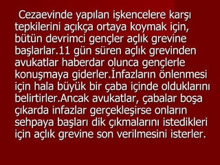 Cezaevinde yapılan işkencelere karşı tepkilerini açıkça ortaya koymak için, bütün devrimci gençler açlık grevine başlarlar.11 gün süren açlık grevinden avukatlar haberdar olunca gençlerle konuşmaya giderler.İnfazların önlenmesi için hala büyük bir çaba içinde olduklarını belirtirler.Ancak avukatlar, çabalar boşa çıkarda infazlar gerçekleşirse onların sehpaya başları dik çıkmalarını istedikleri için açlık grevine son verilmesini isterler. 