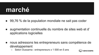 marché 
● 99,76 % de la population mondiale ne sait pas coder 
● augmentation continuelle du nombre de sites web et d’ 
applications logicielles 
● nous adressons les entrepreneurs sans compétence de 
développement 
○ Selon Oussama : entrepreneurs x 1 000 en 5 ans 
 