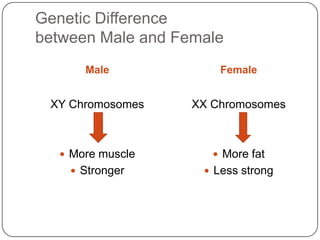 Genetic Difference
between Male and Female
Male Female
XY Chromosomes
 More muscle
 Stronger
XX Chromosomes
 More fat
 Less strong
 