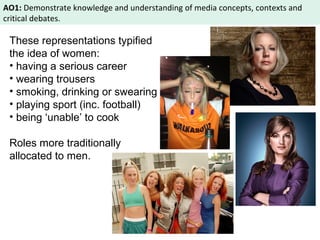 AO1: Demonstrate knowledge and understanding of media concepts, contexts and 
critical debates. 
These representations typified 
the idea of women: 
• having a serious career 
• wearing trousers 
• smoking, drinking or swearing 
• playing sport (inc. football) 
• being ‘unable’ to cook 
Roles more traditionally 
allocated to men. 
 
