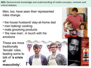 AO1: Demonstrate knowledge and understanding of media concepts, contexts and 
critical debates. 
Men, too, have seen their represented 
roles change. 
• the house husband/ stay-at-home dad 
• men baking/ cooking 
• male grooming products 
• ‘the new man’, in touch with his 
emotions 
These are more 
traditionally 
‘female’ roles, 
leading some to 
talk of ‘a crisis 
of 
masculinity’. 
 