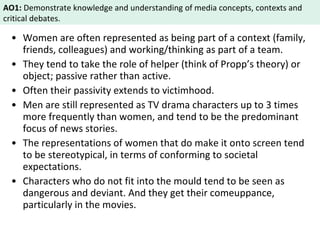 AO1: Demonstrate knowledge and understanding of media concepts, contexts and 
critical debates. 
• Women are often represented as being part of a context (family, 
friends, colleagues) and working/thinking as part of a team. 
• They tend to take the role of helper (think of Propp’s theory) or 
object; passive rather than active. 
• Often their passivity extends to victimhood. 
• Men are still represented as TV drama characters up to 3 times 
more frequently than women, and tend to be the predominant 
focus of news stories. 
• The representations of women that do make it onto screen tend 
to be stereotypical, in terms of conforming to societal 
expectations. 
• Characters who do not fit into the mould tend to be seen as 
dangerous and deviant. And they get their comeuppance, 
particularly in the movies. 
 