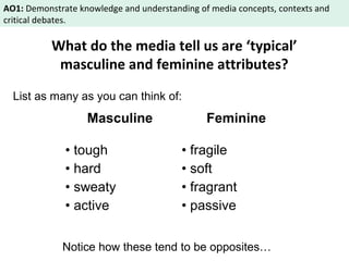AO1: Demonstrate knowledge and understanding of media concepts, contexts and 
critical debates. 
What do the media tell us are ‘typical’ 
masculine and feminine attributes? 
List as many as you can think of: 
Masculine Feminine 
• tough 
• hard 
• sweaty 
• active 
• fragile 
• soft 
• fragrant 
• passive 
Notice how these tend to be opposites… 
 