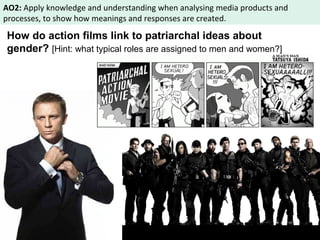 AO2: Apply knowledge and understanding when analysing media products and 
processes, to show how meanings and responses are created. 
How do action films link to patriarchal ideas about 
gender? [Hint: what typical roles are assigned to men and women?] 
 