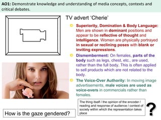 AO1: Demonstrate knowledge and understanding of media concepts, contexts and 
critical debates. 
TV advert ‘Cherie’ 
Superiority, Domination & Body Language: 
Men are shown in dominant positions and 
appear to be reflective of thought and 
intelligence. Women are physically portrayed 
in sexual or reclining poses with blank or 
inviting expressions. 
Dismemberment: On females, parts of the 
body such as legs, chest, etc., are used, 
rather than the full body. This is often applied 
to sell products which are not related to the 
body. 
The Voice-Over Authority: In moving image 
advertisements, male voices are used as 
voice-overs in commercials rather than 
females. 
The thing itself / the opinion of the encoder / 
reading and response of audience / context of 
society within which the representation takes 
How is the gaze gendered? 
?? place 
 