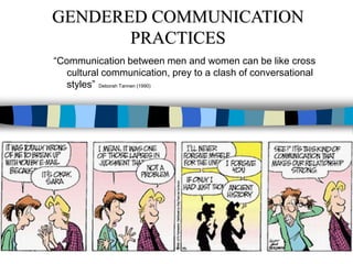 GENDERED COMMUNICATION
PRACTICES
“Communication between men and women can be like cross
cultural communication, prey to a clash of conversational
styles” Deborah Tannen (1990)
 