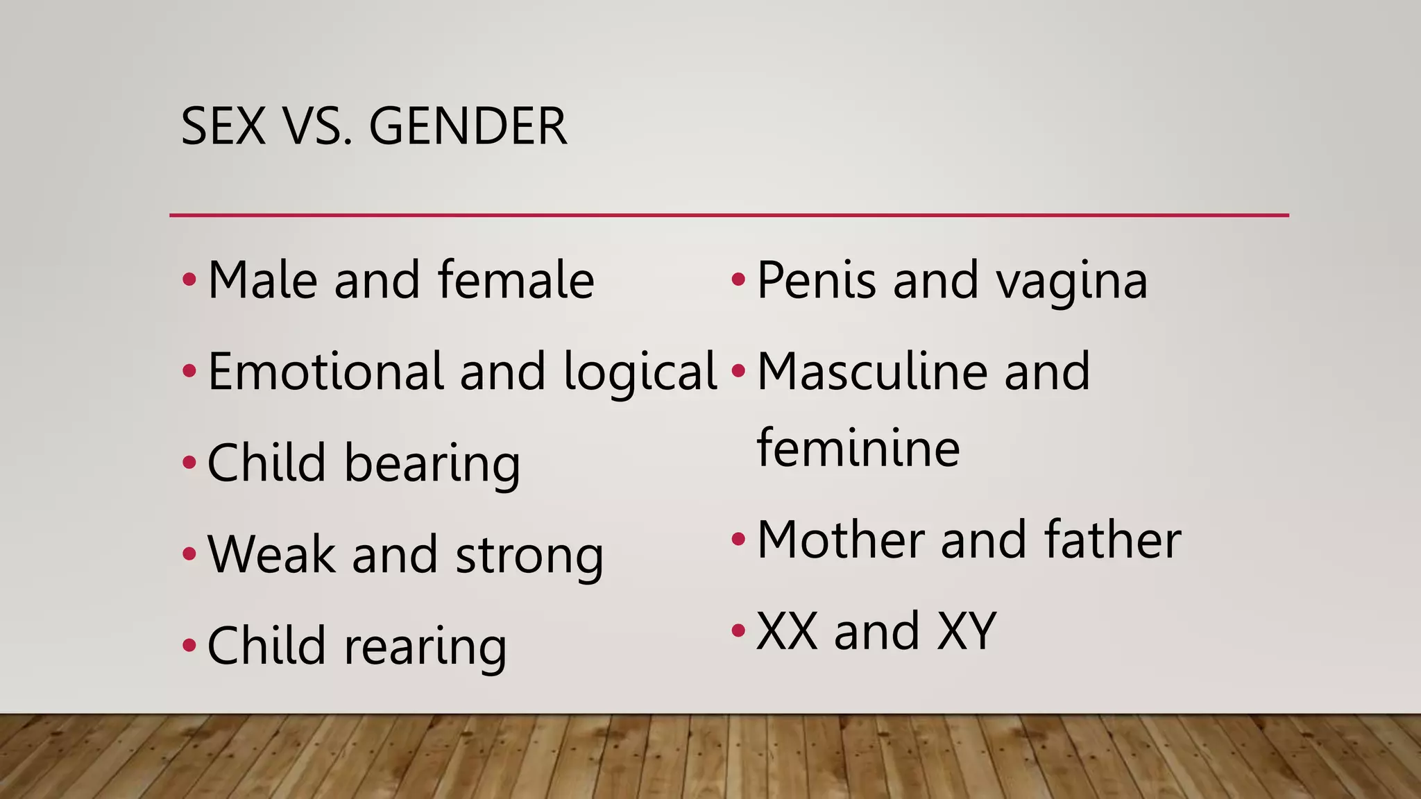 SEX VS. GENDER
•Male and female
•Emotional and logical
•Child bearing
•Weak and strong
•Child rearing
•Penis and vagina
•Masculine and
feminine
•Mother and father
•XX and XY
 