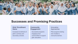Successes and Promising Practices
Girls' Enrollment
Gains
Increased enrollment of
girls in primary and
secondary schools.
Community
Engagement
Successful programs
engaging local
communities to support
girls' education.
Innovative
Approaches
Pilot programs testing
new models to
overcome barriers.
 