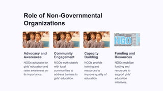 Role of Non-Governmental
Organizations
Advocacy and
Awareness
NGOs advocate for
girls' education and
raise awareness on
its importance.
Community
Engagement
NGOs work closely
with local
communities to
address barriers to
girls' education.
Capacity
Building
NGOs provide
training and
resources to
improve quality of
education.
Funding and
Resources
NGOs mobilize
funding and
resources to
support girls'
education
initiatives.
 