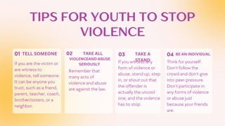 TIPS FOR YOUTH TO STOP
VIOLENCE
If you are the victim or
are witness to
violence, tell someone.
It can be anyone you
trust, such as a friend,
parent, teacher, coach,
brother/sisters, or a
neighbor.
01 03 04
02
Remember that
many acts of
violence and abuse
are against the law.
If you witness any
form of violence or
abuse, stand up, step
in, or shout out that
the offender is
actually the uncool
one, and the violence
has to stop.
Think for yourself.
Don't follow the
crowd and don't give
into peer pressure.
Don't participate in
any forms of violence
or abuse just
because your friends
are.
TELL SOMEONE TAKE ALL
VIOLENCEAND ABUSE
SERIOUSLY
TAKE A
STAND
BE AN INDIVIDUAL
 
