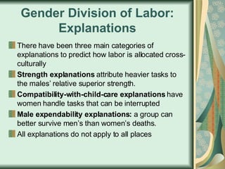 Gender Division of Labor: Explanations There have been three main categories of explanations to predict how labor is allocated cross-culturally Strength explanations  attribute heavier tasks to the males’ relative superior strength.  Compatibility-with-child-care explanations  have women handle tasks that can be interrupted Male expendability explanations:  a group can better survive men’s than women’s deaths. All explanations do not apply to all places 