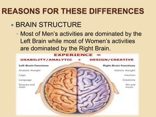 REASONS FOR THESE DIFFERENCES
 BRAIN STRUCTURE
◦ Most of Men’s activities are dominated by the
Left Brain while most of Women’s activities
are dominated by the Right Brain.
 