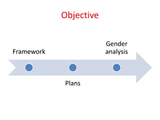 Objective
Framework
Plans
Gender
analysis
 