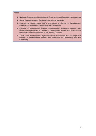 34
Peace:
 National Governmental institutions in Spain and the different African Countries
 Some Worldwide and/or Regional International Networks
 International Development NGOs specialized in Gender in Development,
Peace and Promotion of Democracy and Citizenship
 Centres of International Studies, Observatories, Research Centres and,
Universities specialized in Gender in Development, Peace and Promotion of
Democracy, both in Spain and in the African Continent
 Trade Union and Business Organizations that support and work on subjects of
Gender in Development, Peace and Promotion of Democracy and Full
Citizenship
 