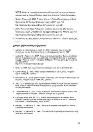 39
NEPAD: Regional integration processes in Africa and African women‟, keynote
address made at Regional Strategy Meeting on Women‟s Political Participation
 Shabbir Cheema, G., 2000, Preface, „Women‟s Political Participation and Good
Governance: 21st
Century Challenges‟, report, UNDP, New York
http://magnet.undp.org/new/pdf/gender/wpp/women_book.pdf
 2000, „Women‟s Political Participation and Good Governance: 21st Century
Challenges‟, report, United Nations Development Programme (UNDP), New York
http://magnet.undp.org/new/pdf/gender/wpp/women_book.pdf
 Yuval-Davis, N., 1997, „Women, Citizenship and Difference‟, Feminist Review, 57:
4−27
Gender, Empowerment and Leadership
 Afkhami, M., Eisenberg, A. y Haleh, V., 2005, „Liderazgo para la toma de
decisiones, manual de entrenamiento en liderazgo para mujeres‟, WLP
 Andras R. y Nazreen, K., 2007, „Hacia una ciudadanía activa. Buenas prácticas y
manual de capacitación del consejo local e internacional de mujeres jóvenes en
Europa y América Latina‟, Federación de Mujeres Jóvenes, Urval, EuropeAid Co-
operation Office
http://www.indera.es/media/urbal.pdf
 Coria, C., 1996, „Las negociaciones nuestras de cada día‟, Editorial Paidós
 García Prince, E., 2005, „Poder y empoderamiento de las mujeres‟, Programa
Equal, FEMEVAL, Valencia
 García Pince, E., 2003, „Diferencias en el liderazgo y los modos de dirección de las
mujeres‟, Programa Equal-FEMEVAL, Valencia
 2007, „Guía de liderazgo para la participación política de las mujeres en el ámbito
local‟, Instituto Internacional de Investigaciones y Capacitación de las Naciones
Unidas (INSTRAW)
 Jimena Medina, P., 2009, „El hilo de Ariadna. Manual de Incidencia Política para
Organizaciones de Mujeres‟ Campaña Muévete por la Igualdad
 Lagarde y de los Ríos, M., 2000, „Claves feministas para la autoestima de las
mujeres, los liderazgos entrañables y las negociaciones en el amor. Cuadernos
inacabados‟, Editorial Horas y horas, Madrid
 Martínez Luz y Escapa, R., 2007, „Recetas de mujeres para la práctica política‟,
Fundación Jaime Vera
 Martínez Luz y Escapa, R., 2008, „Guía de formación para la participación social y
política de las mujeres‟
 