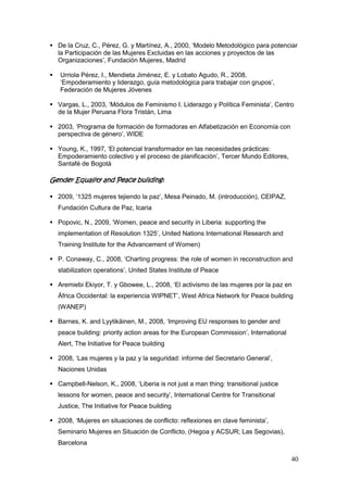 40
 De la Cruz, C., Pérez, G. y Martínez, A., 2000, „Modelo Metodológico para potenciar
la Participación de las Mujeres Excluidas en las acciones y proyectos de las
Organizaciones‟, Fundación Mujeres, Madrid
 Urriola Pérez, I., Mendieta Jiménez, E. y Lobato Agudo, R., 2008,
„Empoderamiento y liderazgo, guía metodológica para trabajar con grupos‟,
Federación de Mujeres Jóvenes
 Vargas, L., 2003, „Módulos de Feminismo I. Liderazgo y Política Feminista‟, Centro
de la Mujer Peruana Flora Tristán, Lima
 2003, „Programa de formación de formadoras en Alfabetización en Economía con
perspectiva de género‟, WIDE
 Young, K., 1997, „El potencial transformador en las necesidades prácticas:
Empoderamiento colectivo y el proceso de planificación‟, Tercer Mundo Editores,
Santafé de Bogotá
Gender Equality and Peace building:
 2009, „1325 mujeres tejiendo la paz‟, Mesa Peinado, M. (introducción), CEIPAZ,
Fundación Cultura de Paz, Icaria
 Popovic, N., 2009, „Women, peace and security in Liberia: supporting the
implementation of Resolution 1325‟, United Nations International Research and
Training Institute for the Advancement of Women)
 P. Conaway, C., 2008, „Charting progress: the role of women in reconstruction and
stabilization operations‟, United States Institute of Peace
 Aremiebi Ekiyor, T. y Gbowee, L., 2008, „El activismo de las mujeres por la paz en
África Occidental: la experiencia WIPNET‟, West Africa Network for Peace building
(WANEP)
 Barnes, K. and Lyytikäinen, M., 2008, „Improving EU responses to gender and
peace building: priority action areas for the European Commission‟, International
Alert, The Initiative for Peace building
 2008, „Las mujeres y la paz y la seguridad: informe del Secretario General‟,
Naciones Unidas
 Campbell-Nelson, K., 2008, „Liberia is not just a man thing: transitional justice
lessons for women, peace and security‟, International Centre for Transitional
Justice, The Initiative for Peace building
 2008, „Mujeres en situaciones de conflicto: reflexiones en clave feminista‟,
Seminario Mujeres en Situación de Conflicto, (Hegoa y ACSUR; Las Segovias),
Barcelona
 