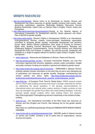 43
WEBSITE RESOURCES:
http://au.int/en/dp/wgd/. African Union at its Directorate on Gender, Women and
Development has online resources on gender equality including main events, news,
documents, publications, speeches, Multimedia Galleries, Discussion Forums
Building Partnerships, Useful Links and Opinion Polls in English, French, Arabic and
Portuguese.
 http://www.aecid.es/en/que-hacemos/genero/.Gender at the Spanish Agency of
International Cooperation for Development (AECID). Sector approach and Action
Plan of AECID on gender equality.
 http://www.awid.org/esl/. Women‟s Rights in Development (AWID) is an international,
multi-generational, feminist, creative, future-orientated membership organization
committed to achieving gender equality, sustainable development and women's
human rights. AWID‟s themed publications cover areas of Funding for Women‟s
Rights work, Building Feminist Movements and Organizations, Resisting and
Challenging Religious Fundamentalisms, Young Feminist Activism and Influencing
Development Policy and Practice. In addition, you will find journals, handbooks and
materials on a range of subjects relevant to women‟s rights mostly in English, French
and Spanish.
 www.ceipaz.org - Resources and Database on Women, Peace and Security.
 http://ec.europa.eu/index_en.htm - European Commission Website, you may find
information regarding their structure, legislation, policies, public consultation, budget
and public contracts, funding and contacts in general and related to gender issues.
 http://www.emakunde.euskadi.net/u72-home/es/ - EMAKUNDE´s (Basque Women
Institute) website includes information on the work they do and a very interesting set
of publications and resources on gender equality, language, mainstreaming and
women political and labour rights: http://www.emakunde.euskadi.net/u72-
publicac/es/contenidos/informacion/pub_guias/es_emakunde/guias_es.html
 www.fride.org – A European Think Tank for Global Action. FRIDE research project
aims to inform state building processes that result in stronger citizenship for women
by addressing the above questions. It will develop recommendations for
international actors and national policy makers working in fragile countries on how
they can strengthen the gender focus within their state building strategies. It will also
promote greater gender analysis within state building theory and research.
http://fride.org/project/17/strengthening-women's-citizenship-in-the-context-of-state-
building
 www.icrc.org - the International Committee of the Red Cross has resources on
Women and War (English and French). See following link for the gender specific
section:
http://www.icrc.org/Web/eng/siteeng0.nsf/iwpList74/8B4D441BF5F484EA41256E4E
00490BB8
 www.incore.ulst.ac.uk/cds/themes/women.html - INCORE guide to Internet sources
on women and conflict. Contains a list of useful links to organizations, various
sources and reports.
 