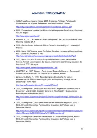 53
Appendix 2. BIBLIOGRAPHY
ACSUR Las Segovias and Hegoa, 2008. „Incidencia Política y Participación
Ciudadana de las Mujeres: Reflexiones en Clave Feminista‟, Bilbao
http://pdf2.hegoa.efaber.net/entry/content/375/incidencia_politica_.pdf
2008, „Estrategia de Igualdad de Género de la Cooperación Española en Colombia‟,
AECID, Bogotá
http://www.aecid.es/en/aecid/
Arnstein, S., 1971, „A Ladder of Citizen Participation‟, the USA Journal of the Town
Planning Institute, 54, 4
2007, „Gender-Based Violence in Africa, Centre for Human Rights‟, University of
Pretoria
2007, „Alerta 2007 Informe sobre Conflictos, Derechos Humanos y Construcción de
Paz‟, Escola de Cultura de la Pau
http://www.pangea.org/unescopau/img/programas/alerta/alerta/alerta07.pdf
2003, „Reducción de la Pobreza, Gobernabilidad Democrática y Equidad de
Género. Tomo I: Modernización del Estado, crecimiento económico y reducción de
la pobreza‟, GTZ, Managua
http://www.upnfm.edu.hn/bibliod/pgenero/tomo1.pdf
LAGARDE, M., 1997, „Género y Feminismos: Desarrollo Humano y Democracia‟,
Cuadernos Inacabados Nº 25, Editorial Horas y Horas, Madrid
Longwe, S., Clarke R., 1999, „Towards improved leadership for women
empowerment in Africa: measuring progress and improving strategy‟, Africa
Leadership Forum, Accra
http://www.africaleadership.org/Finreports/ISWA.pdf
2007, „Estrategia de Construcción de la Paz de la Cooperación Española para el
Desarrollo‟, MAEC-SECI, Dirección General de Planificación y Evaluación de
Políticas para el Desarrollo, Madrid
http://www.aecid.es/galerias/programas/Vita/descargas/estrategia_construccion_pa
z.pdf
2007, „Estrategia de Cultura y Desarrollo de la Cooperación Española‟, MAEC-
SECI, Dirección General de Planificación y Evaluación de Políticas para el
Desarrollo, Madrid
http://www.maec.es/es/MenuPpal/CooperacionInternacional/Publicacionesydocume
ntacion/Documents/DES%20Cultura%20y%20Desarrollo.pdf
2007, „Estrategia de Género en Desarrollo de la Cooperación Española‟, MAEC-
SECI, Dirección General de Planificación y Evaluación de Políticas para el
Desarrollo, Madrid
 