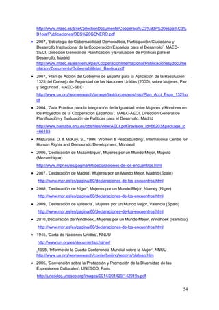 54
http://www.maec.es/SiteCollectionDocuments/Cooperaci%C3%B3n%20espa%C3%
B1ola/Publicaciones/DES%20GENERO.pdf
2007, „Estrategia de Gobernabilidad Democrática, Participación Ciudadana y
Desarrollo Institucional de la Cooperación Española para el Desarrollo‟, MAEC-
SECI, Dirección General de Planificación y Evaluación de Políticas para el
Desarrollo, Madrid
http://www.maec.es/es/MenuPpal/CooperacionInternacional/Publicacionesydocume
ntacion/Documents/Gobernabililidad_Baetica.pdf
2007, „Plan de Acción del Gobierno de España para la Aplicación de la Resolución
1325 del Consejo de Seguridad de las Naciones Unidas (2000), sobre Mujeres, Paz
y Seguridad‟, MAEC-SECI
http://www.un.org/womenwatch/ianwge/taskforces/wps/nap/Plan_Acci_Espa_1325.p
df
2004, „Guía Práctica para la Integración de la Igualdad entre Mujeres y Hombres en
los Proyectos de la Cooperación Española‟, MAEC-AECI, Dirección General de
Planificación y Evaluación de Políticas para el Desarrollo, Madrid
http://www.bantaba.ehu.es/obs/files/view/AECI.pdf?revision_id=66203&package_id
=66183
Mazurana, D. & McKay, S., 1999, „Women & Peacebuilding‟, International Centre for
Human Rights and Democratic Development, Montreal
2006, „Declaración de Mozambique‟, Mujeres por un Mundo Mejor, Maputo
(Mozambique)
http://www.mpr.es/es/pagina/60/declaraciones-de-los-encuentros.html
2007, „Declaración de Madrid‟, Mujeres por un Mundo Mejor, Madrid (Spain)
http://www.mpr.es/es/pagina/60/declaraciones-de-los-encuentros.html
2008, „Declaración de Níger‟, Mujeres por un Mundo Mejor, Niamey (Níger)
http://www.mpr.es/es/pagina/60/declaraciones-de-los-encuentros.html
2009, „Declaración de Valencia‟, Mujeres por un Mundo Mejor, Valencia (Spain)
http://www.mpr.es/es/pagina/60/declaraciones-de-los-encuentros.html
2010,‟Declaración de Windhoek‟, Mujeres por un Mundo Mejor, Windhoek (Namibia)
http://www.mpr.es/es/pagina/60/declaraciones-de-los-encuentros.html
1945, „Carta de Naciones Unidas‟, NNUU
http://www.un.org/es/documents/charter/
1995, „Informe de la Cuarta Conferencia Mundial sobre la Mujer‟, NNUU
http://www.un.org/womenwatch/confer/beijing/reports/platesp.htm
2005, „Convención sobre la Protección y Promoción de la Diversidad de las
Expresiones Culturales‟, UNESCO, Paris
http://unesdoc.unesco.org/images/0014/001429/142919s.pdf
 
