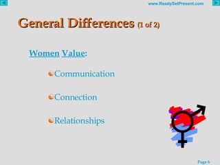 General Differences  (1 of 2)   <ul><ul><li>Women   Value : </li></ul></ul><ul><ul><ul><li>Communication </li></ul></ul></...