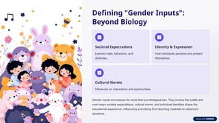 Defining "Gender Inputs":
Beyond Biology
Societal Expectations
Learned roles, behaviors, and
attributes.
Identity & Expression
How individuals perceive and present
themselves.
Cultural Norms
Influences on interactions and opportunities.
Gender inputs encompass far more than just biological sex. They involve the subtle and
overt ways societal expectations, cultural norms, and individual identities shape the
educational experience, influencing everything from teaching materials to classroom
dynamics.
 