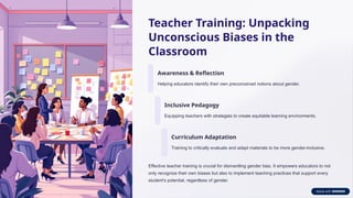 Teacher Training: Unpacking
Unconscious Biases in the
Classroom
Awareness & Reflection
Helping educators identify their own preconceived notions about gender.
Inclusive Pedagogy
Equipping teachers with strategies to create equitable learning environments.
Curriculum Adaptation
Training to critically evaluate and adapt materials to be more gender-inclusive.
Effective teacher training is crucial for dismantling gender bias. It empowers educators to not
only recognize their own biases but also to implement teaching practices that support every
student's potential, regardless of gender.
 