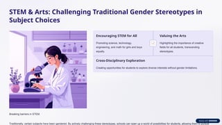STEM & Arts: Challenging Traditional Gender Stereotypes in
Subject Choices
Breaking barriers in STEM.
Encouraging STEM for All
Promoting science, technology,
engineering, and math for girls and boys
equally.
Valuing the Arts
Highlighting the importance of creative
fields for all students, transcending
stereotypes.
Cross-Disciplinary Exploration
Creating opportunities for students to explore diverse interests without gender limitations.
Traditionally, certain subjects have been gendered. By actively challenging these stereotypes, schools can open up a world of possibilities for students, allowing them to pursue
 