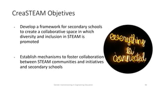 CreaSTEAM Objetives
• Develop a framework for secondary schools
to create a collaborative space in which
diversity and inc...