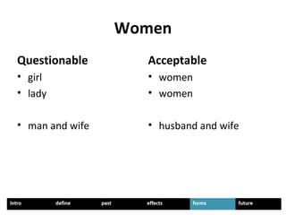 Women
Questionable
• girl
• lady
• man and wife
Acceptable
• women
• women
• husband and wife
 