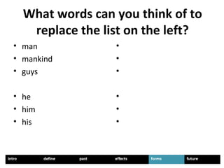 What words can you think of to
replace the list on the left?
• man
• mankind
• guys
• he
• him
• his
•
•
•
•
•
•
 